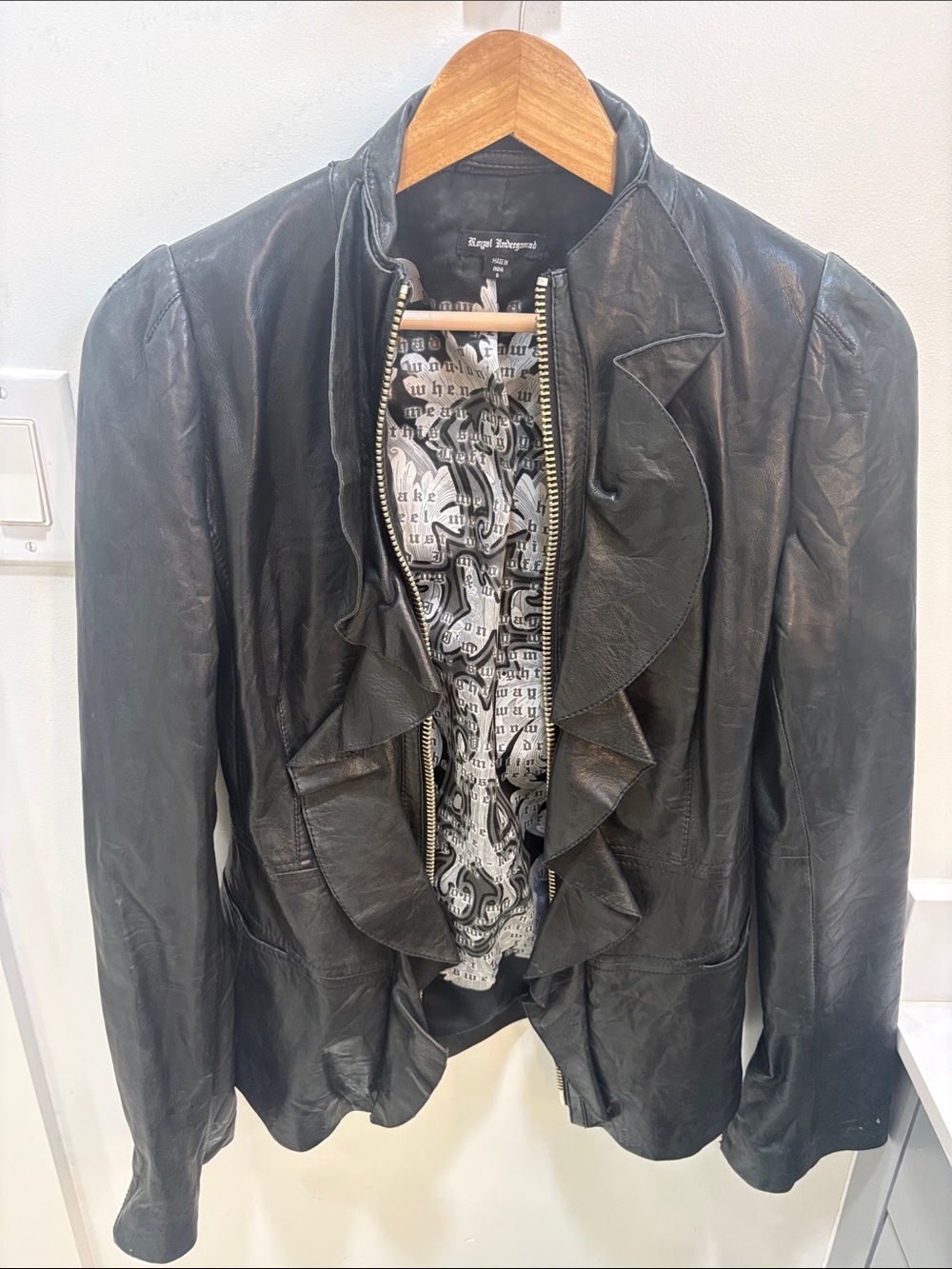 Royal Underground Black Leather Ruffle-Front Jacket